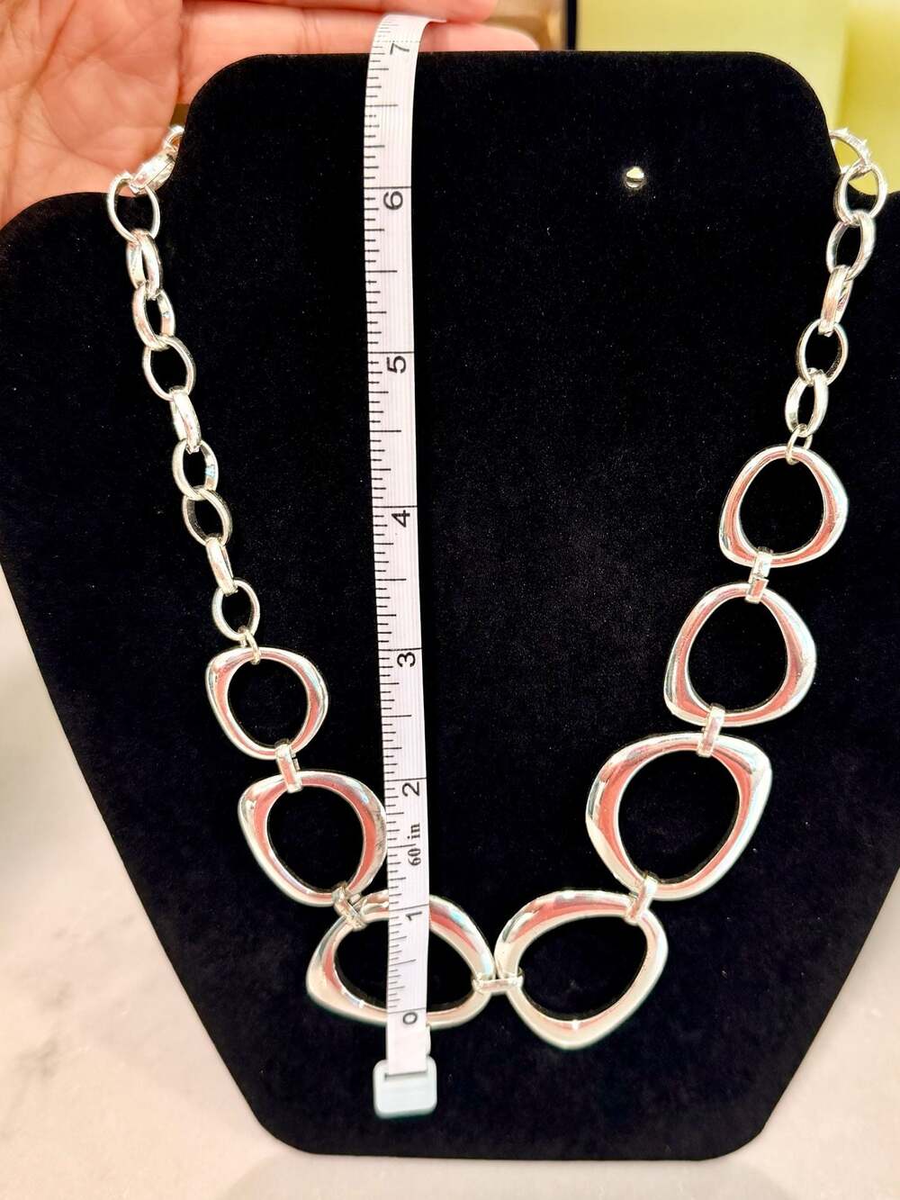 Chunky Silver Tone Statement Necklace with Large Abstract Oval Links - Picture 2 of 2